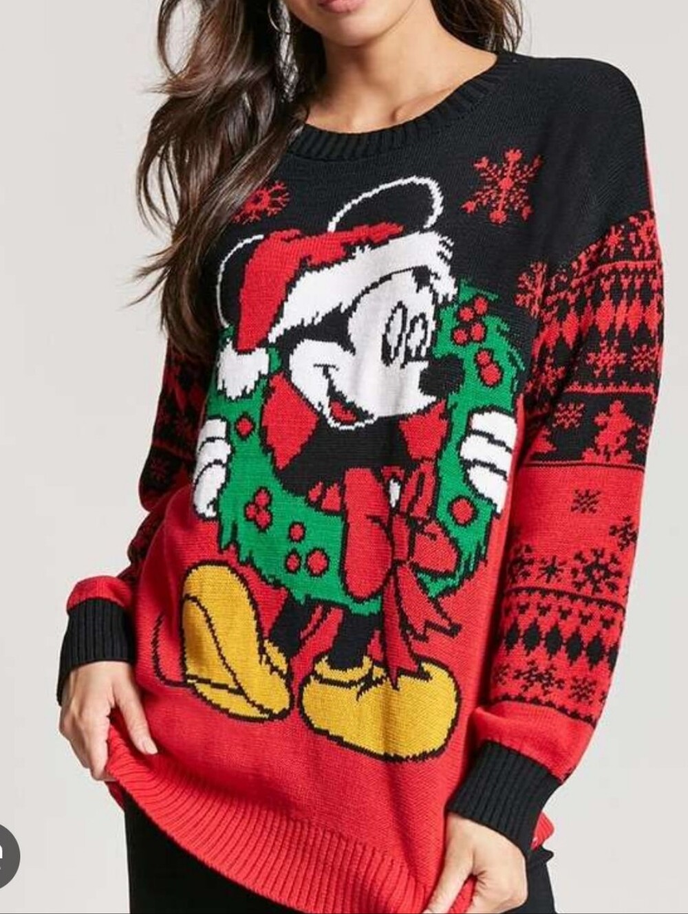 Forever 21 x Disney Mickey Mouse Christmas Wreath Sweater Red Black Knit Size L